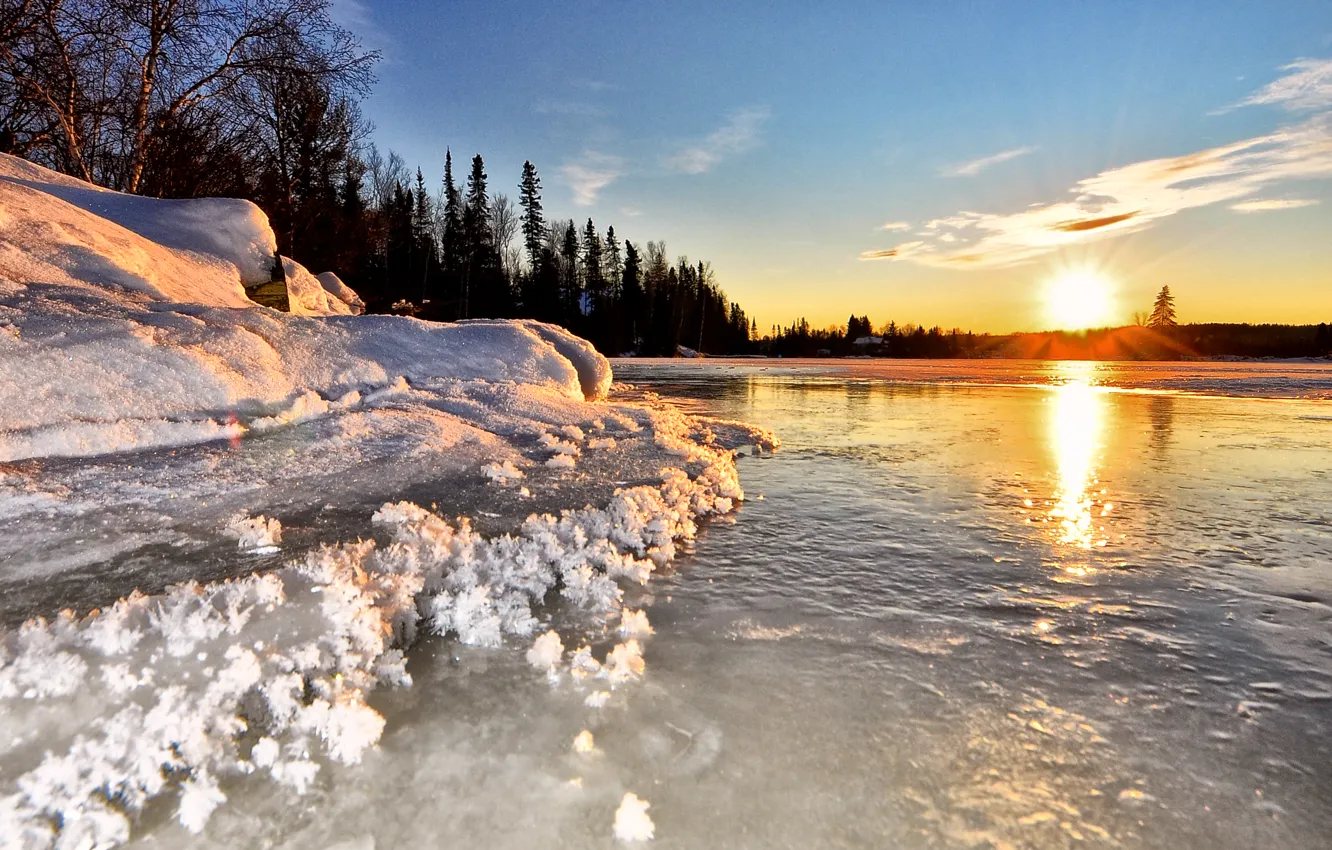Photo wallpaper Nature, Canada, Blue, Winter, Water, sunset, Snow, Lake