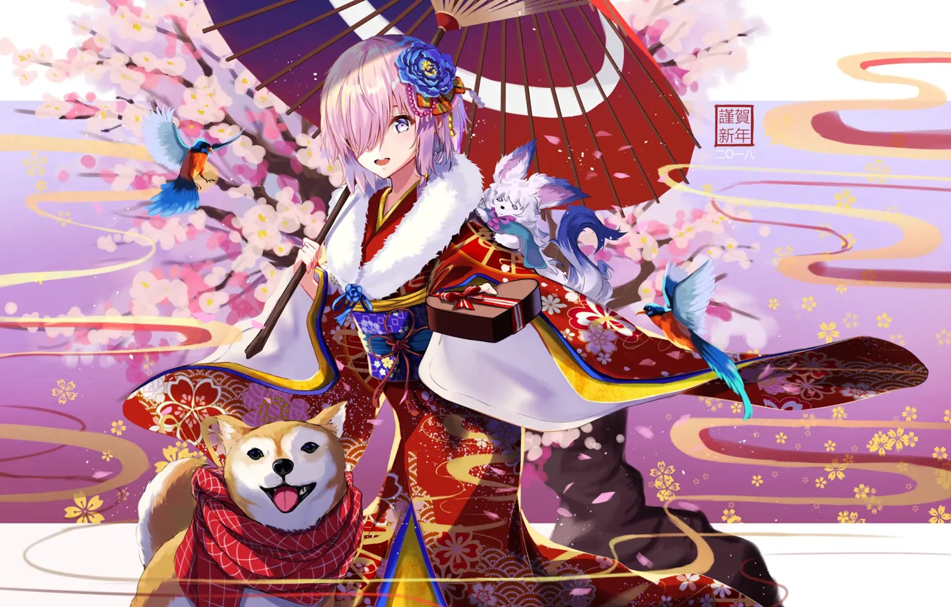Photo wallpaper girl, birds, box, dog, spring, umbrella, Fate / Grand Order