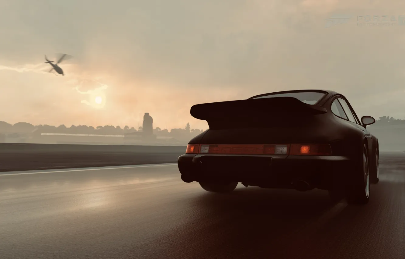 Photo wallpaper HDR, 911, Porsche, game, rain, sun, Turbo, helicopter