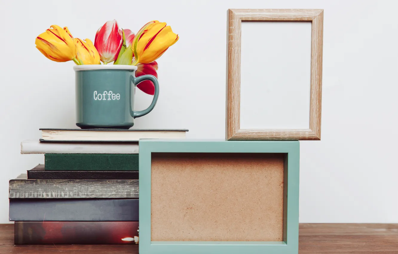Photo wallpaper flowers, photo, bouquet, frame, colorful, mug, tulips, book