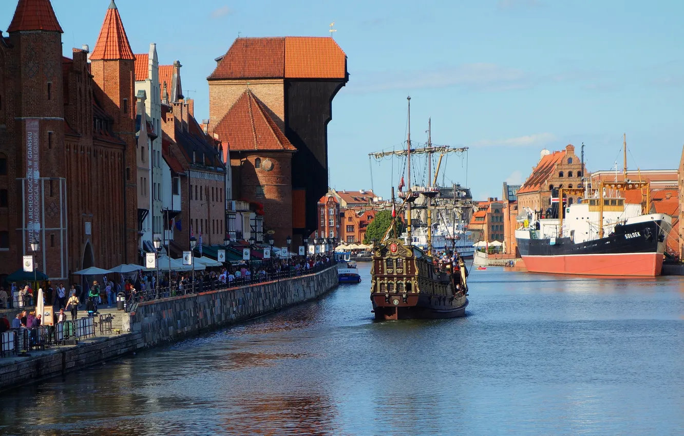 Photo wallpaper the sky, people, ship, home, Poland, promenade, Gdansk