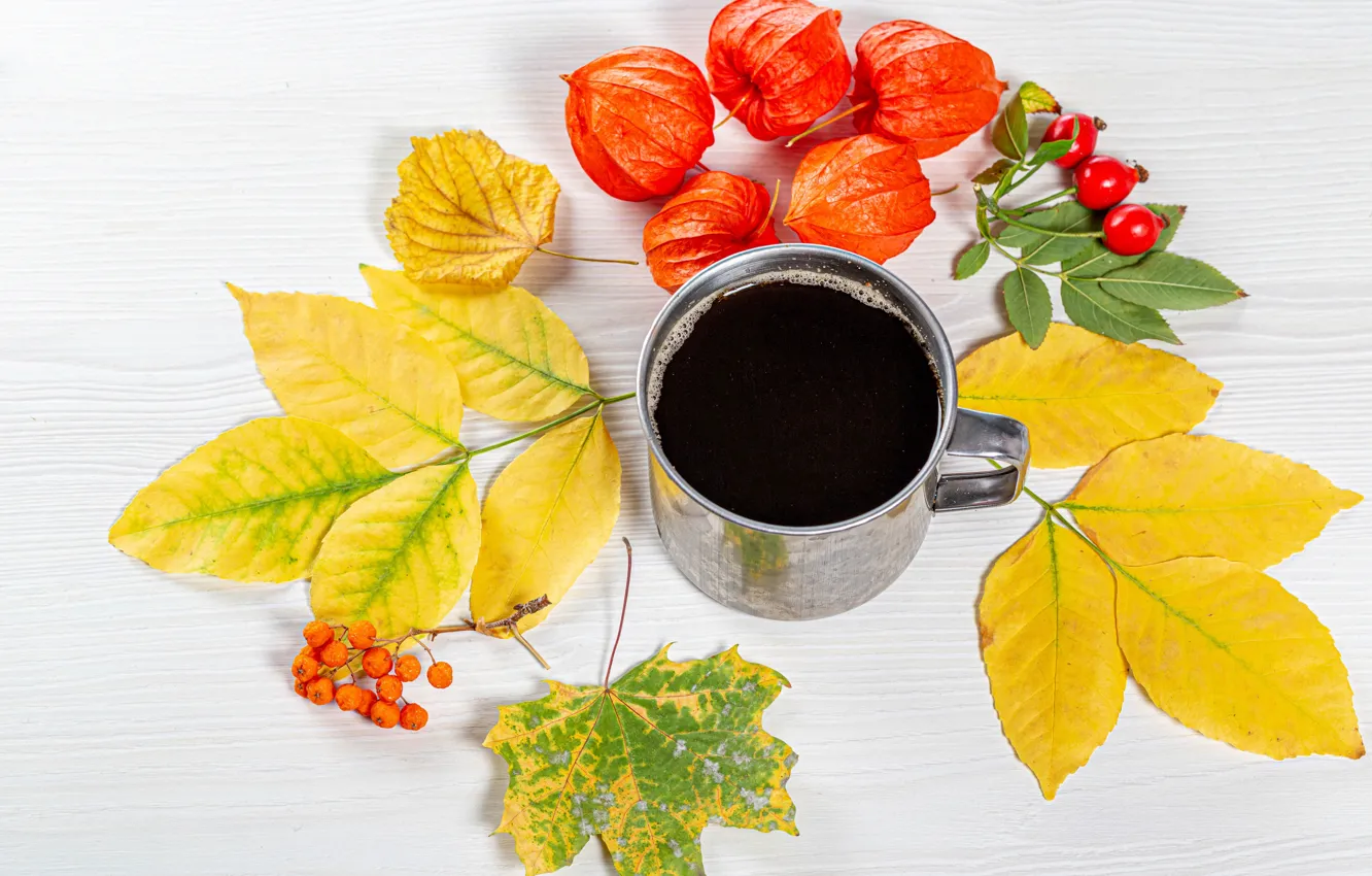 Photo wallpaper autumn, leaves, coffee, briar, mug