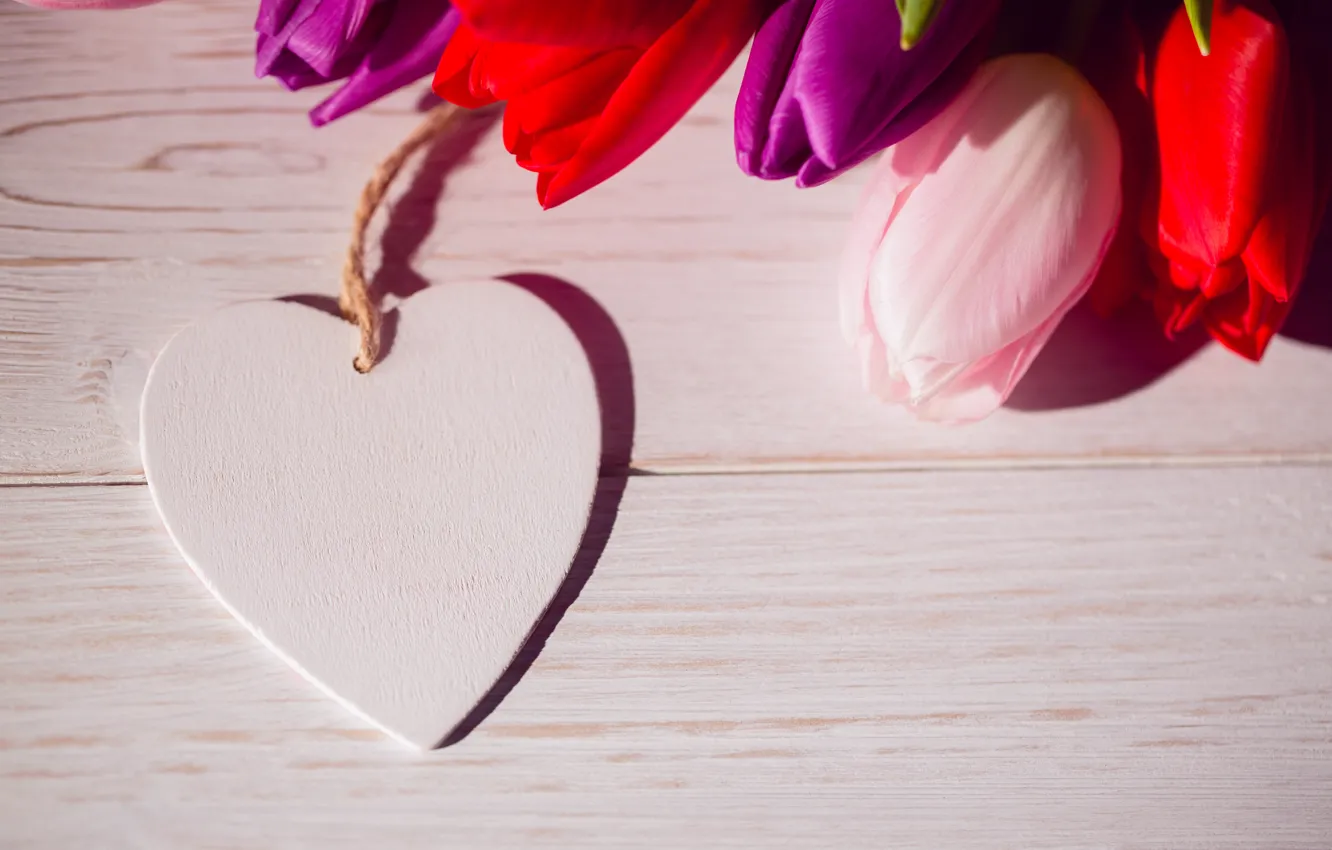 Photo wallpaper love, flowers, heart, bouquet, colorful, tulips, red, love