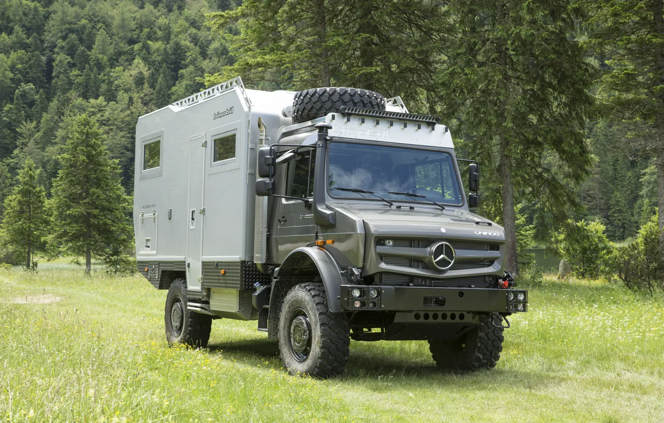 Photo wallpaper field, forest, grass, trees, Mercedes-Benz, Unimog, U4023, Bimobil EX 435