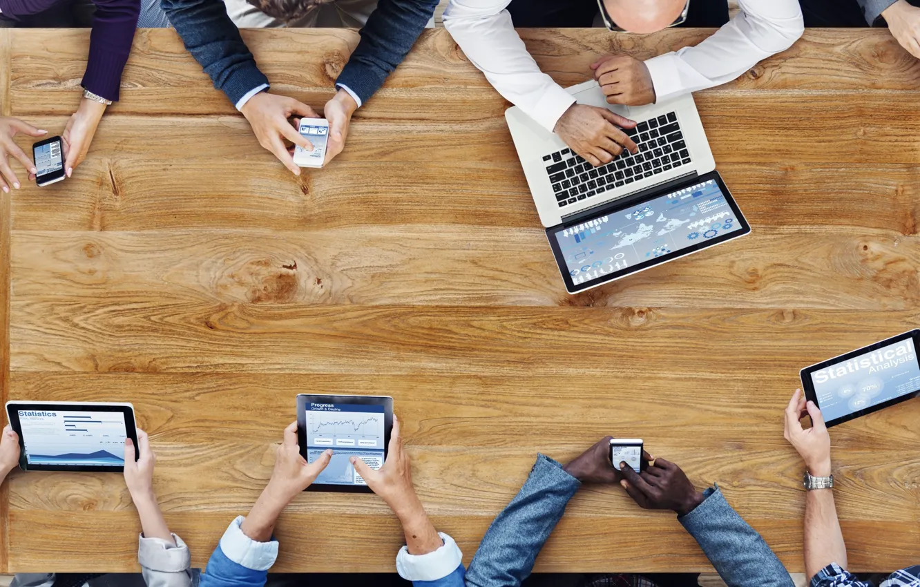 Photo wallpaper office, desk, mobile devices, group of people
