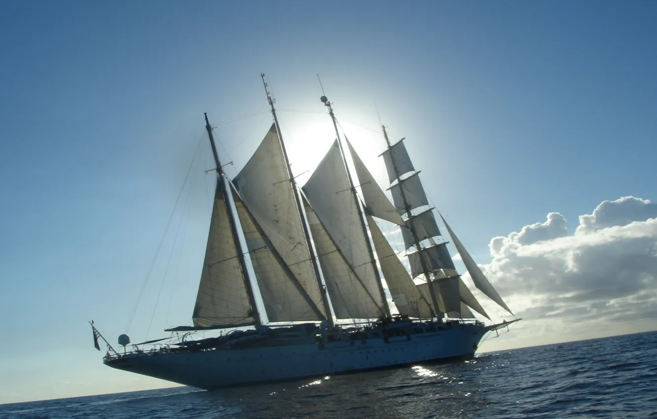 Photo wallpaper sea, the sun, sailboat, sails, clipper