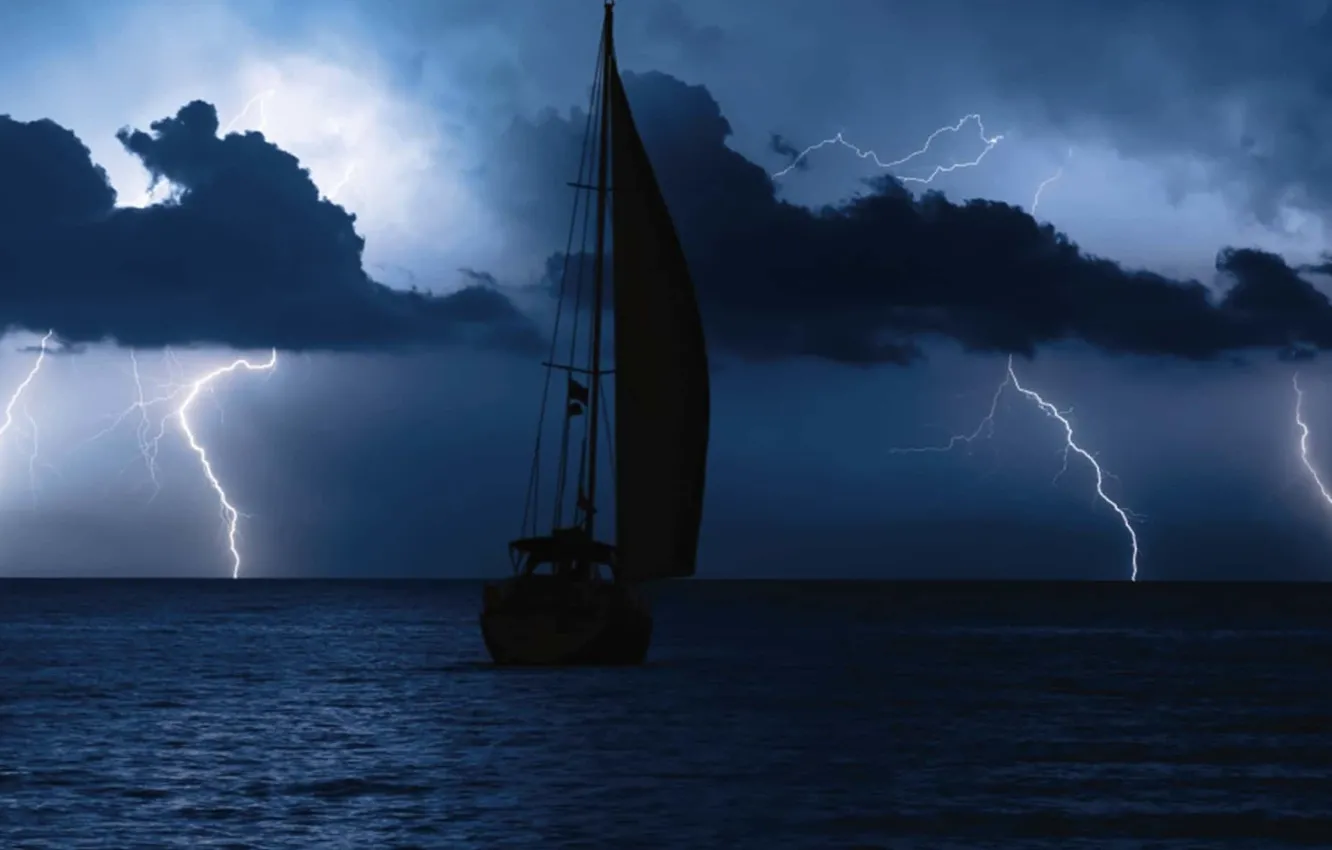 Photo wallpaper sea, the storm, night, clouds, lightning, the evening, yacht, silhouette