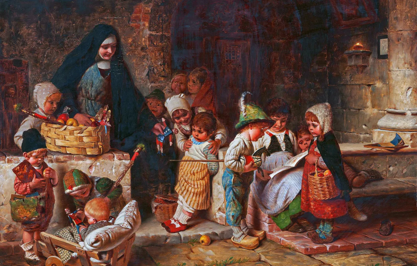 Photo wallpaper children, woman, picture, Hermann von Kaulbach, Hermann von Kaulbach, German artist, In the shelter, Hermann …