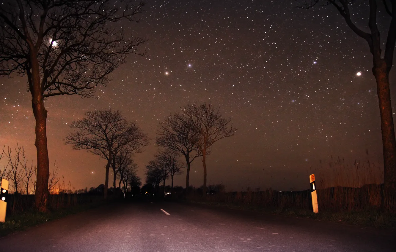 Photo wallpaper road, the sky, trees, the moon, stars, Night, moon, road