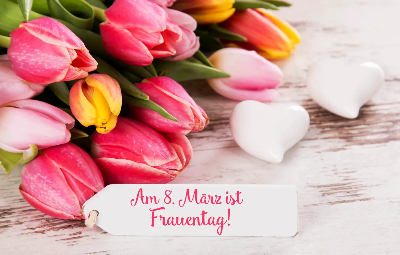 Photo wallpaper flowers, holiday, hearts, tulips, March 8, women's day