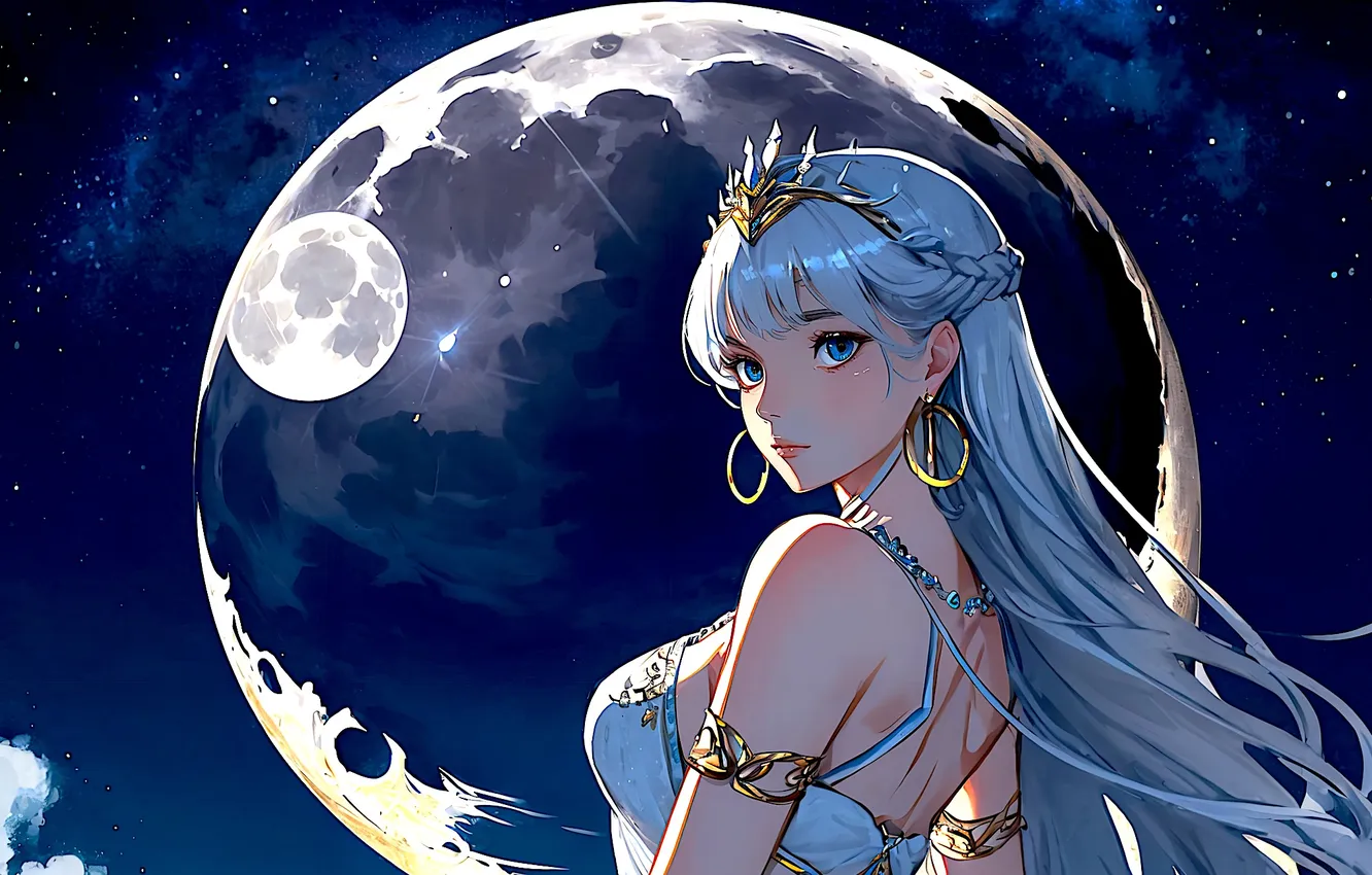Photo wallpaper girl, moon, fantasy, star, night, blue eyes, crown, digital art