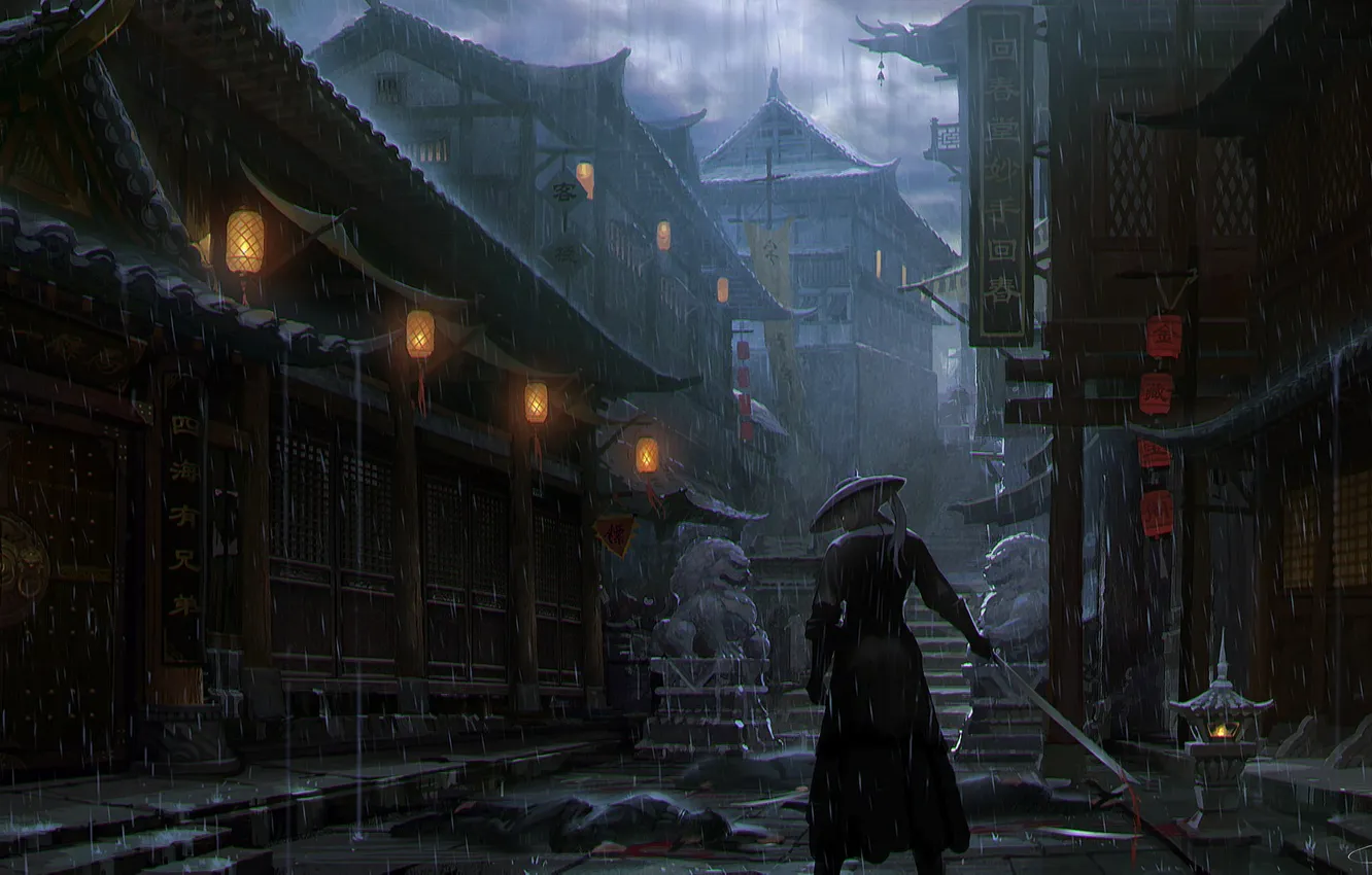 Photo wallpaper katana, Japan, murder, samurai, twilight, the fight, dark place, medieval village