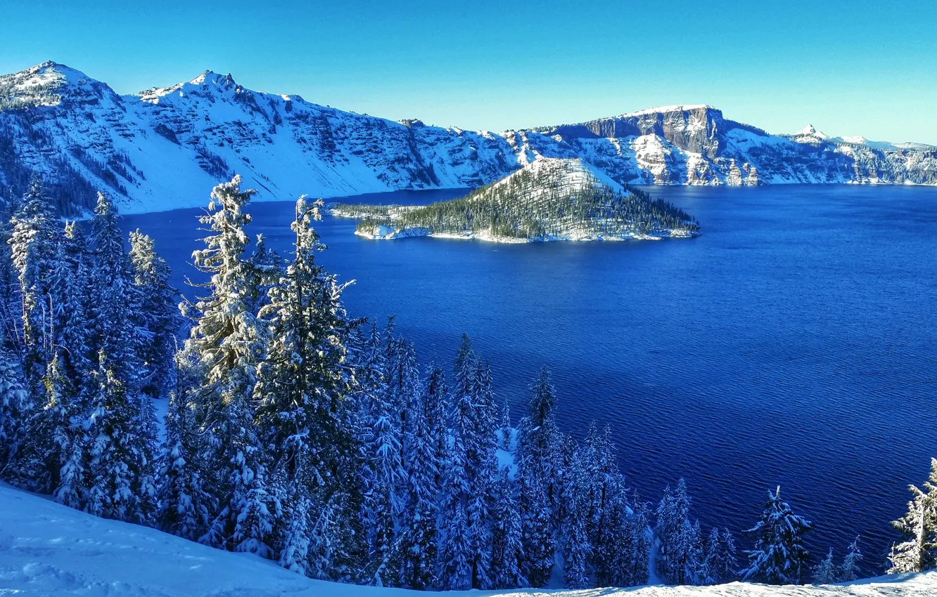 Photo wallpaper winter, snow, trees, mountains, lake, USA, Sunny, island