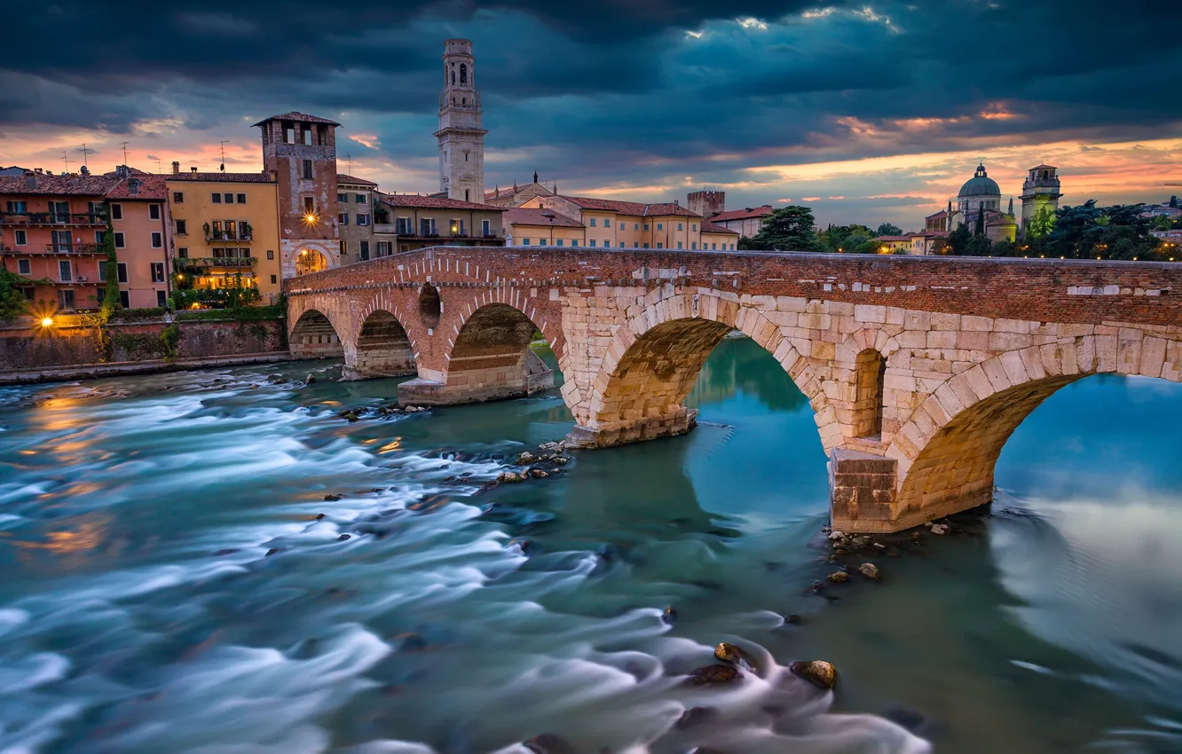 Photo wallpaper bridge, river, building, Italy, Italy, Verona, Verona, Veneto