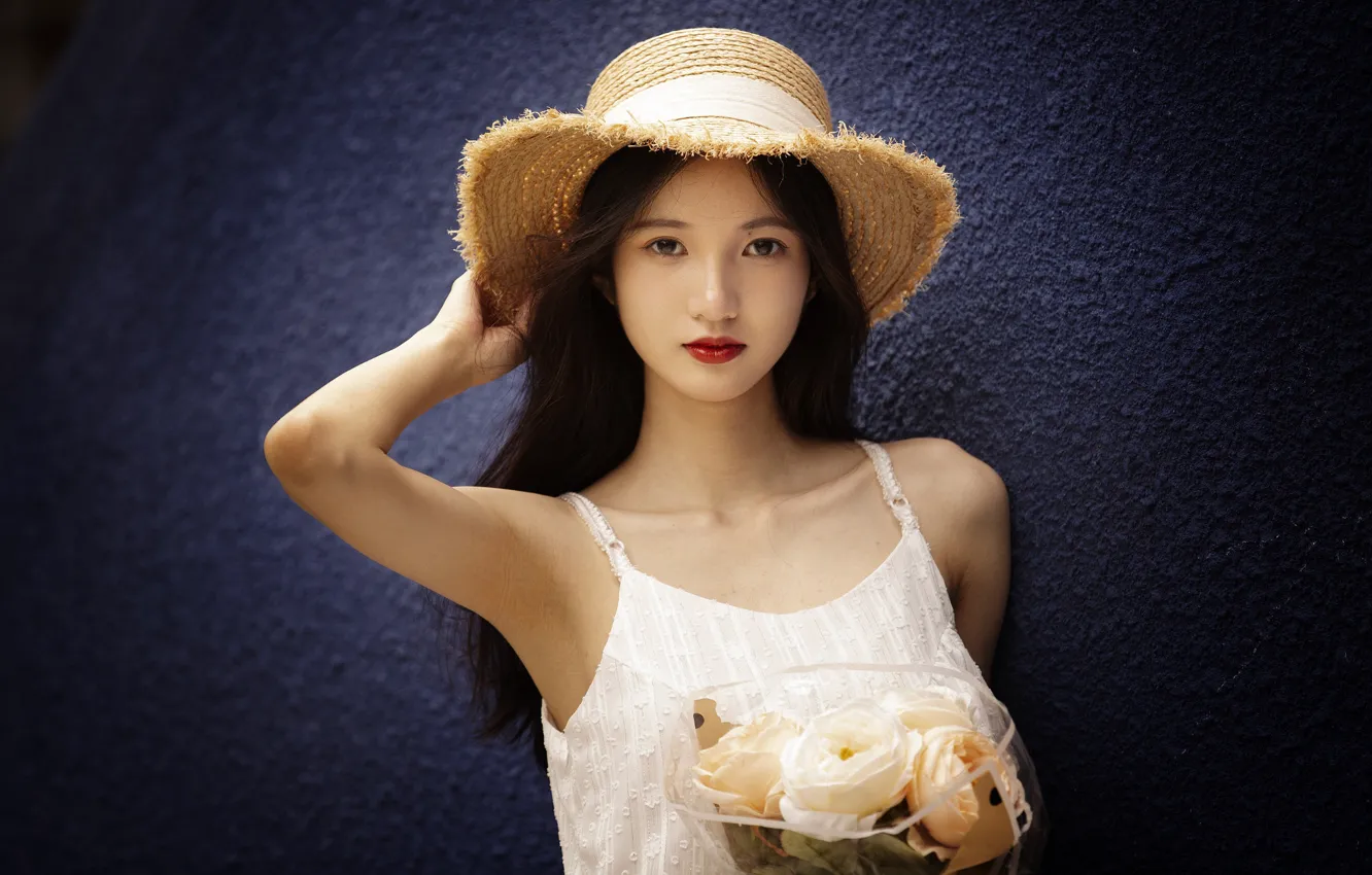 Photo wallpaper look, flowers, pose, background, model, portrait, bouquet, hat