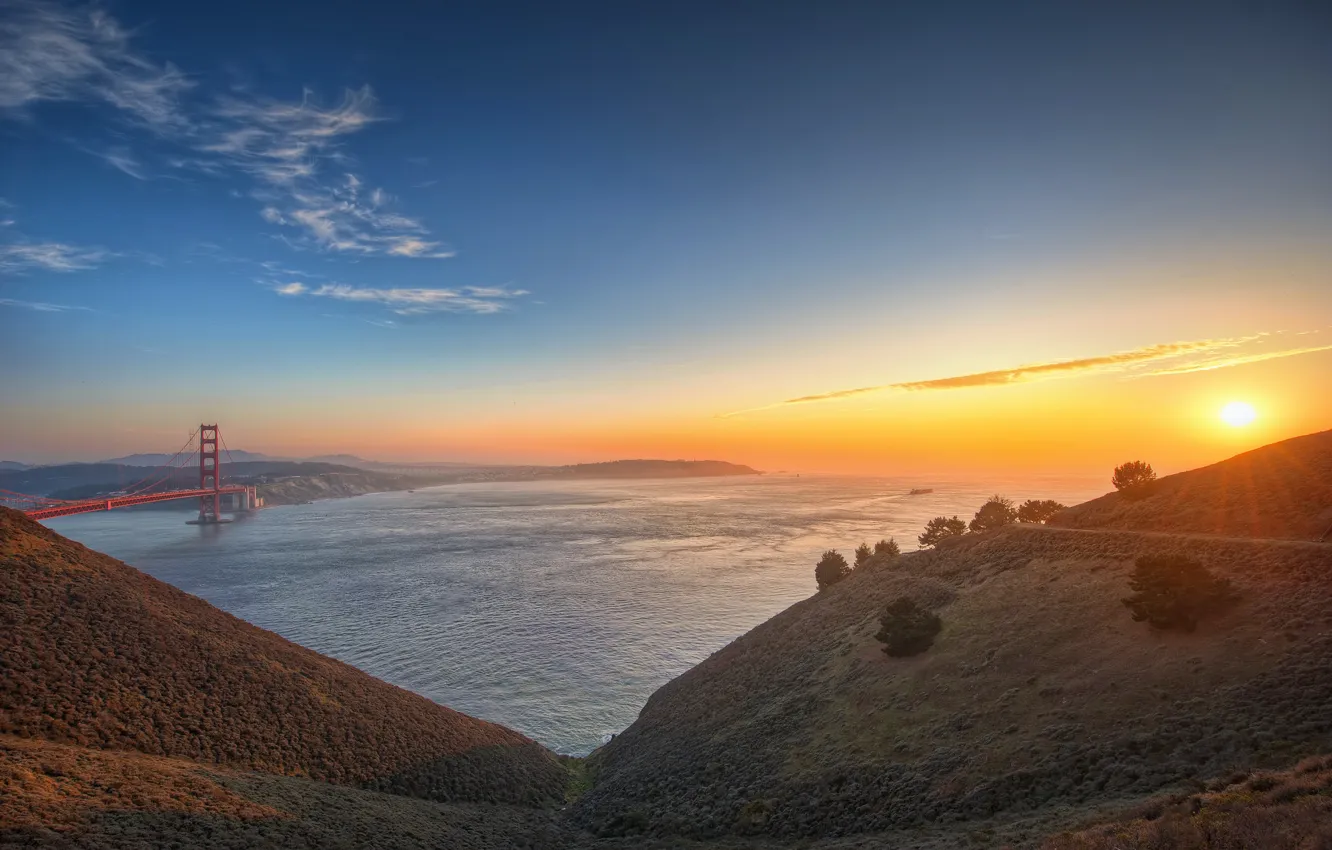Photo wallpaper sunset, mountains, bridge, Bay, sunset, Goldengate