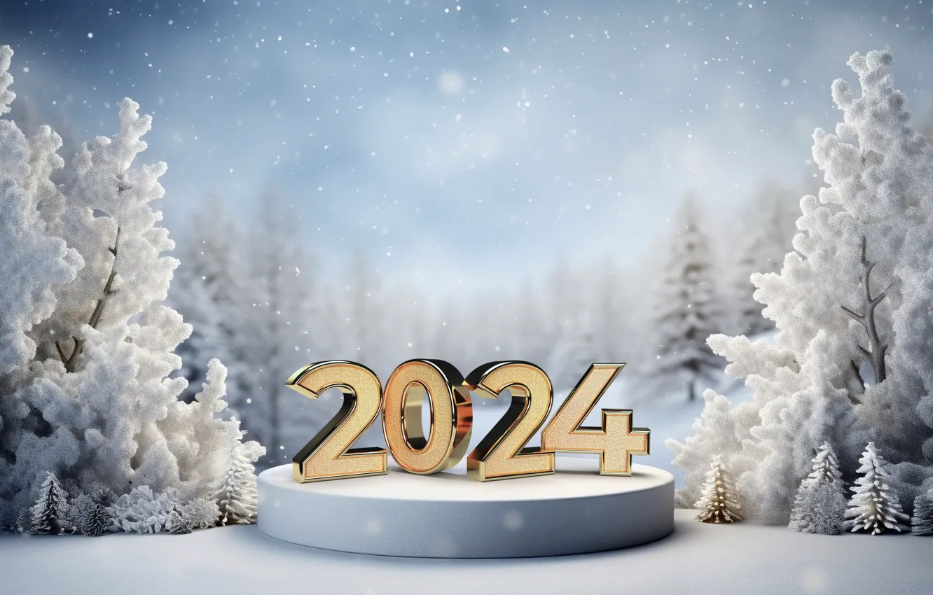 Photo wallpaper winter, snow, tree, new year, Christmas, figures, golden, winter