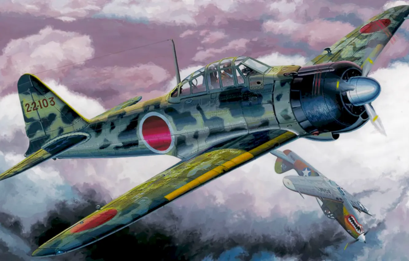 Photo wallpaper war, art, airplanes, painting, aviation, ww2, dogfight, P-39 Airacobra