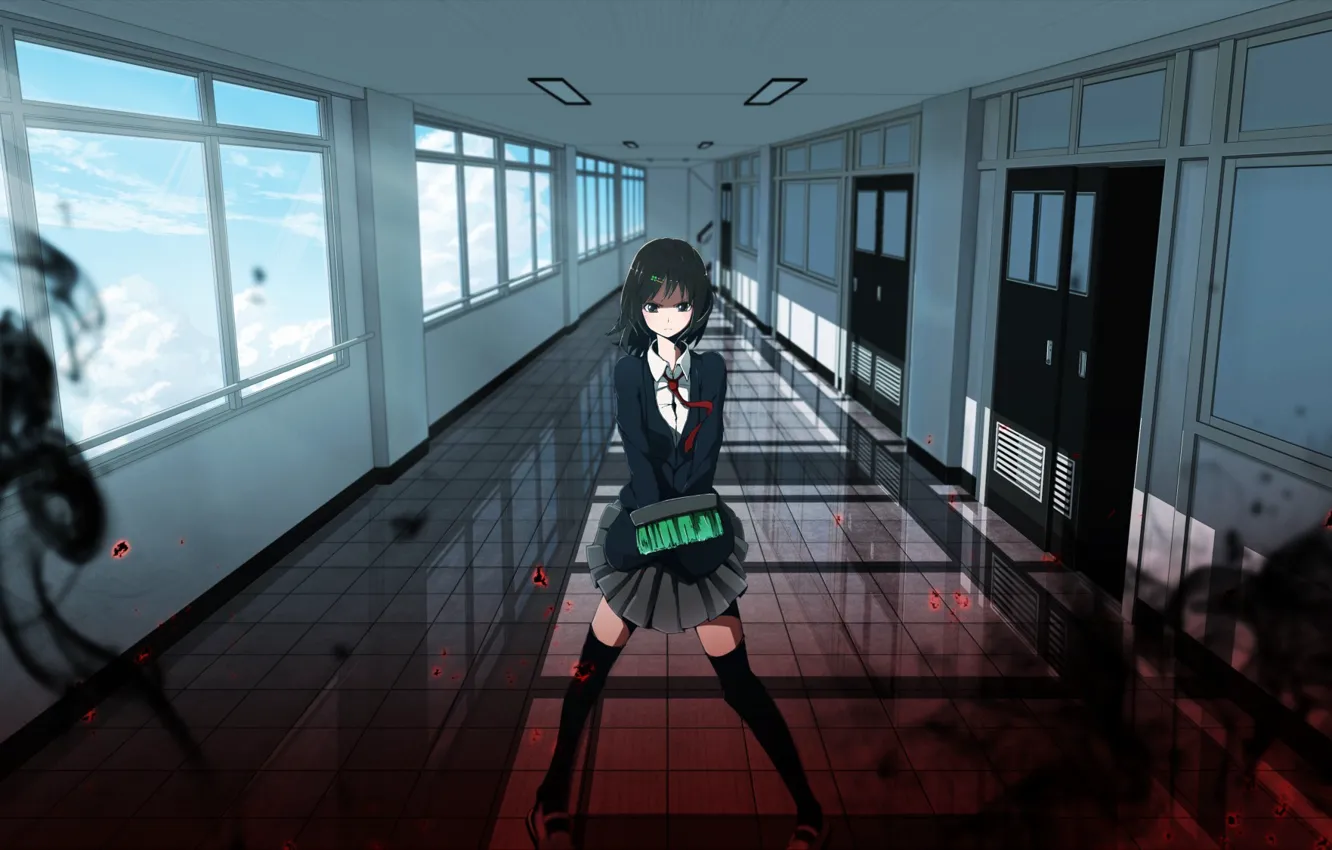 Photo wallpaper Anime, girls, black hair, indoors, black eyes, brooms, tie., school uniforms