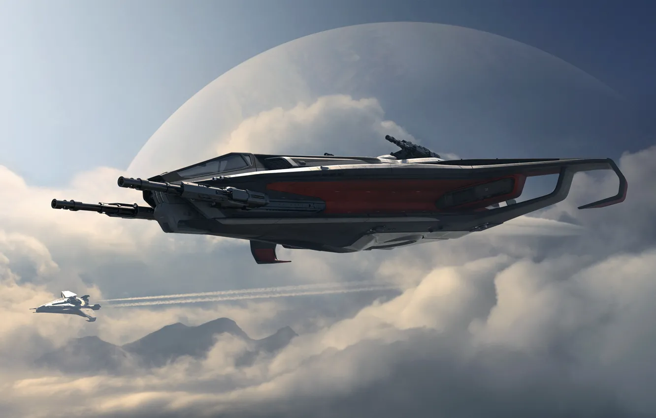 Photo wallpaper clouds, flight, starship, Star Citizen, Anvil Hurricane