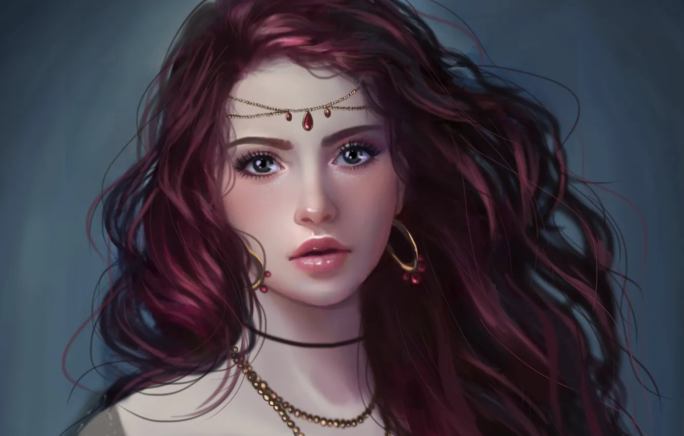 Photo wallpaper look, girl, decoration, face, background, hair, earrings, art