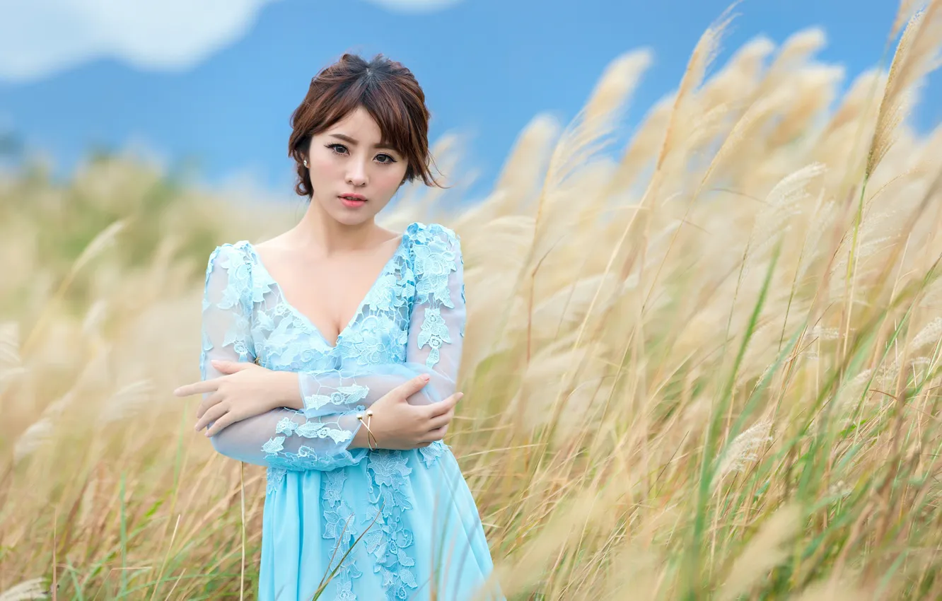 Photo wallpaper field, summer, face, Asian