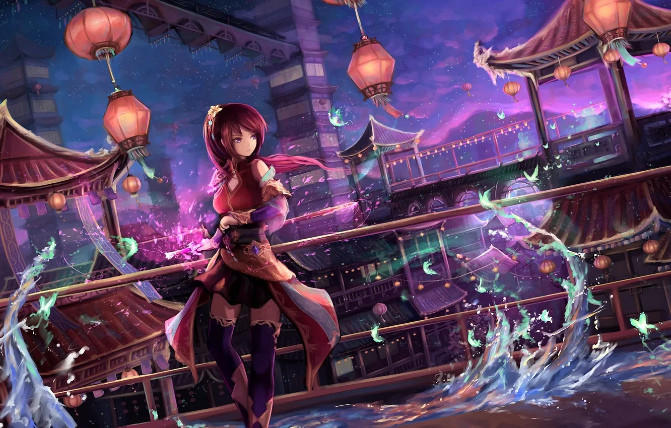 Photo wallpaper water, girl, flowers, bird, the evening, lights, railings