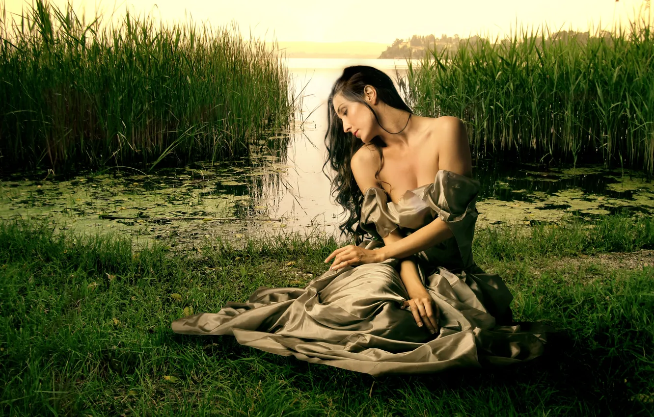 Photo wallpaper girl, nature, old, lake, dress, beauty, the middle ages