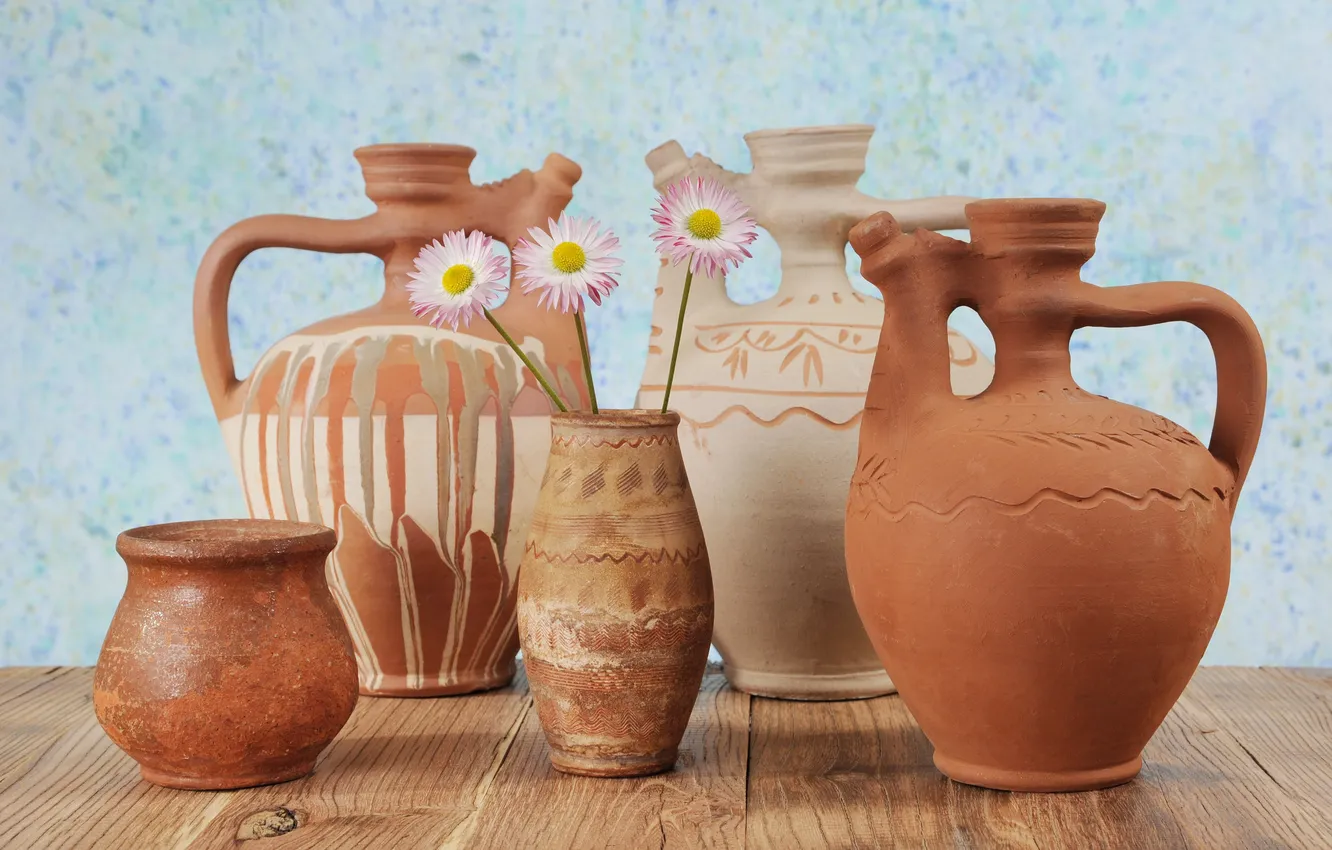 Photo wallpaper flowers, table, pot, ceramics