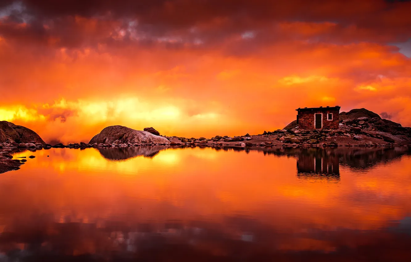 Photo wallpaper clouds, lake, stones, rocks, glow, house
