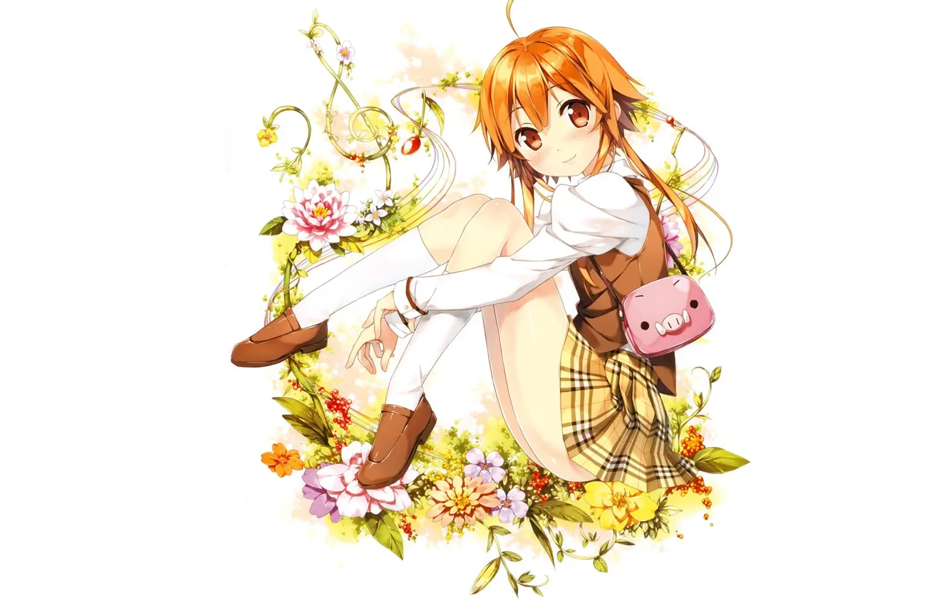 Photo wallpaper white background, handbag, knee, treble clef, wild flowers, redhead girl, by kantoku, skirt in the …
