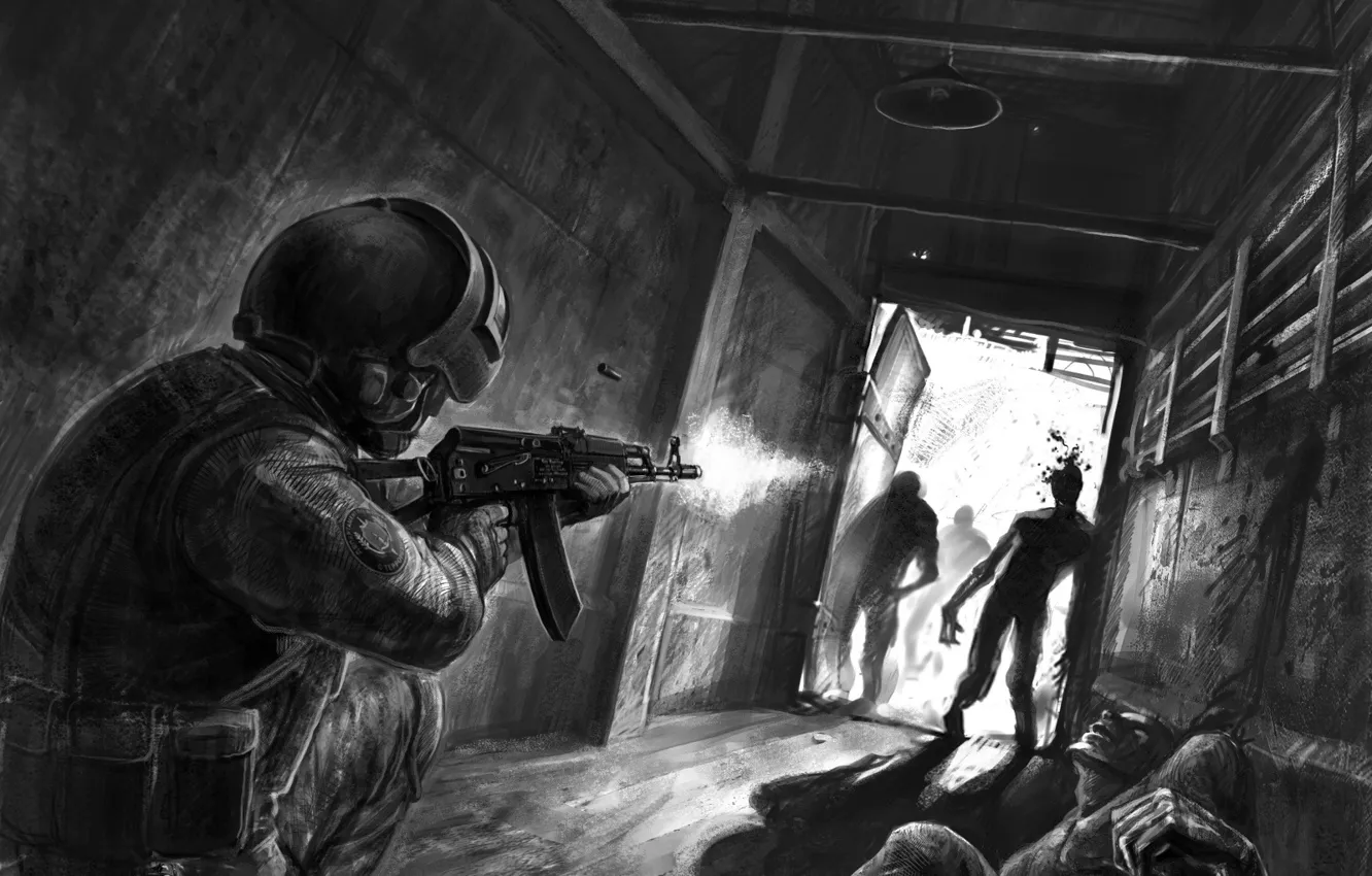 Photo wallpaper corridor, soldiers, machine, zombies, helmet, Kalashnikov, special forces, the Department