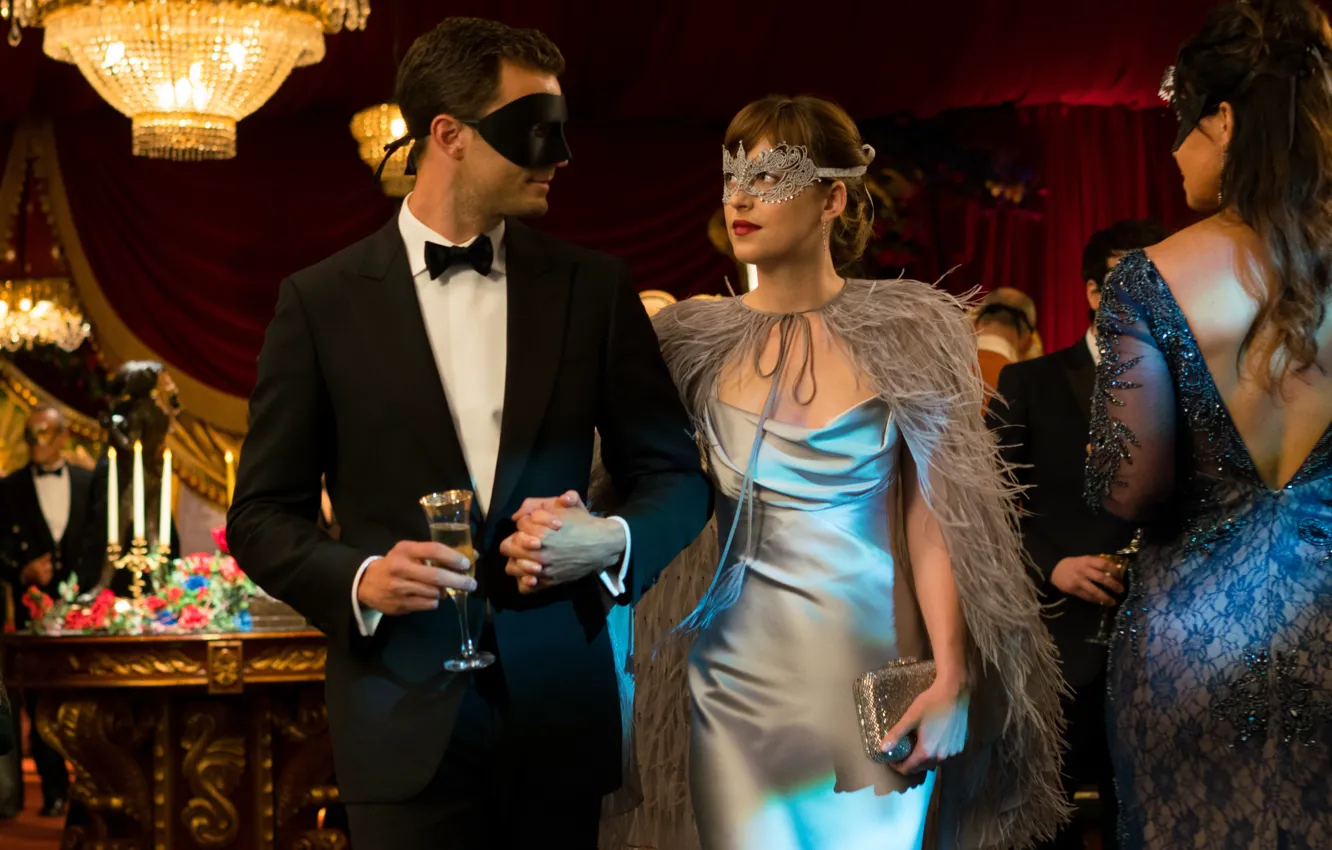 Photo wallpaper cinema, man, movie, book, film, mask, Dakota Johnson, Jamie Dornan