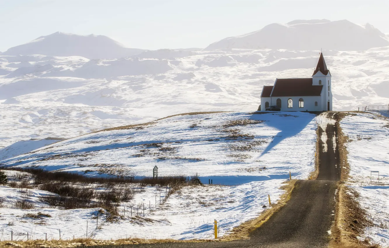 Photo wallpaper road, snow, Church, Iceland, Iceland
