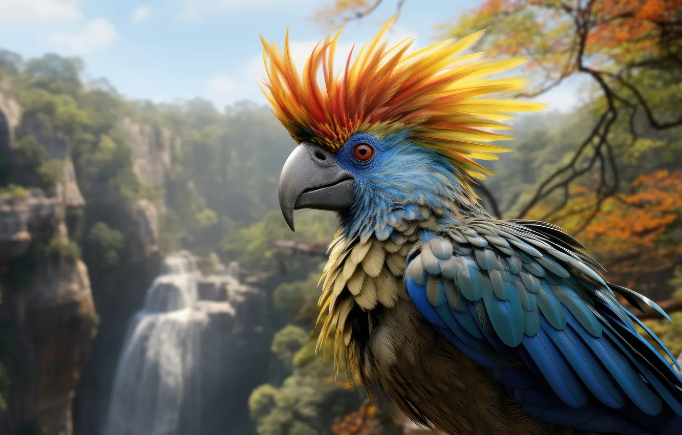 Photo wallpaper autumn, look, trees, mountains, branches, tropics, rocks, bird