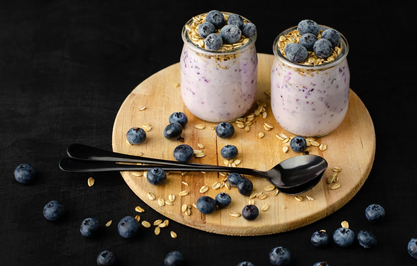 Photo wallpaper berries, Breakfast, blueberries, jars, spoon, muesli, cutting Board, Tetiana Tychynska