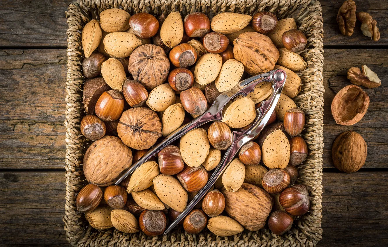Photo wallpaper basket, nuts, walnut