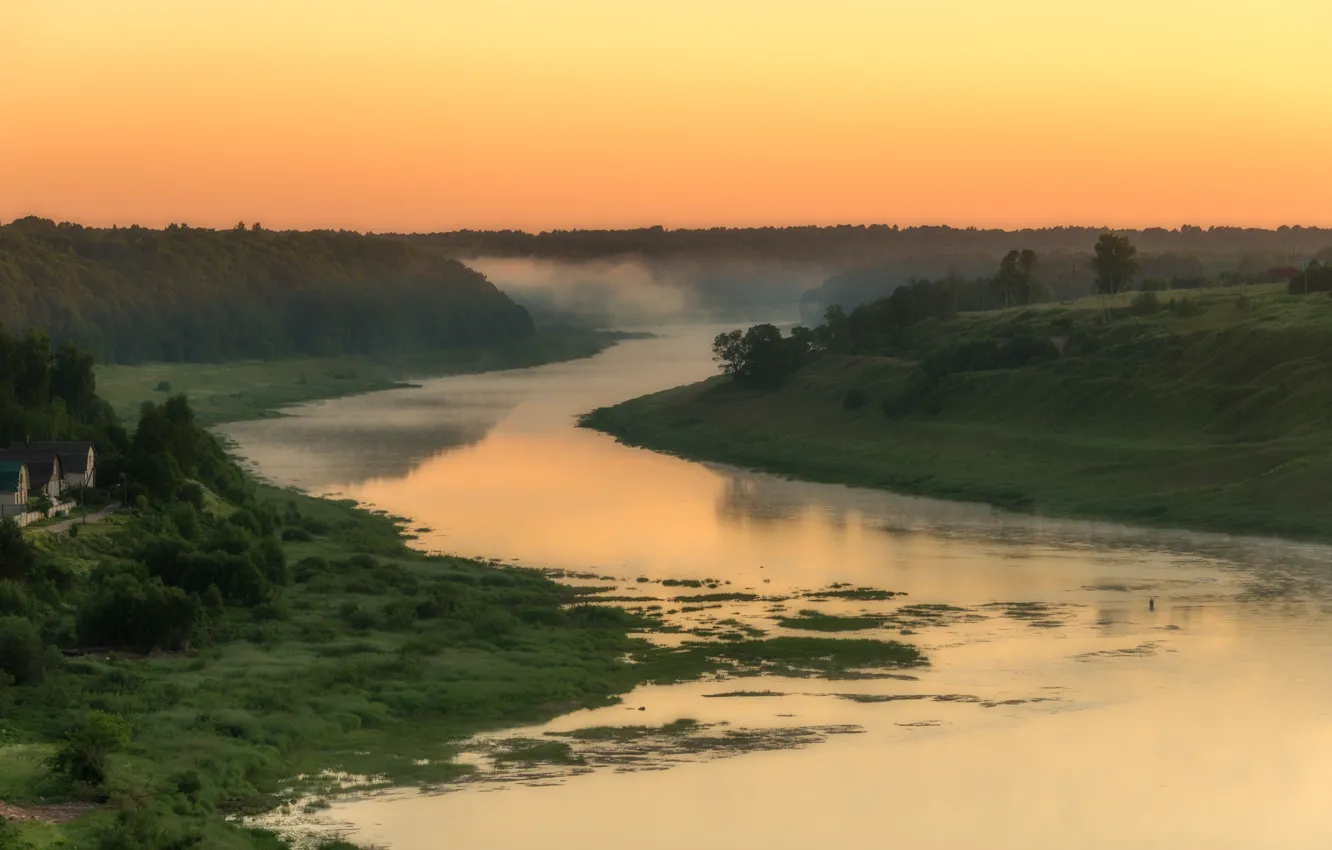 Photo wallpaper sunset, river, shore