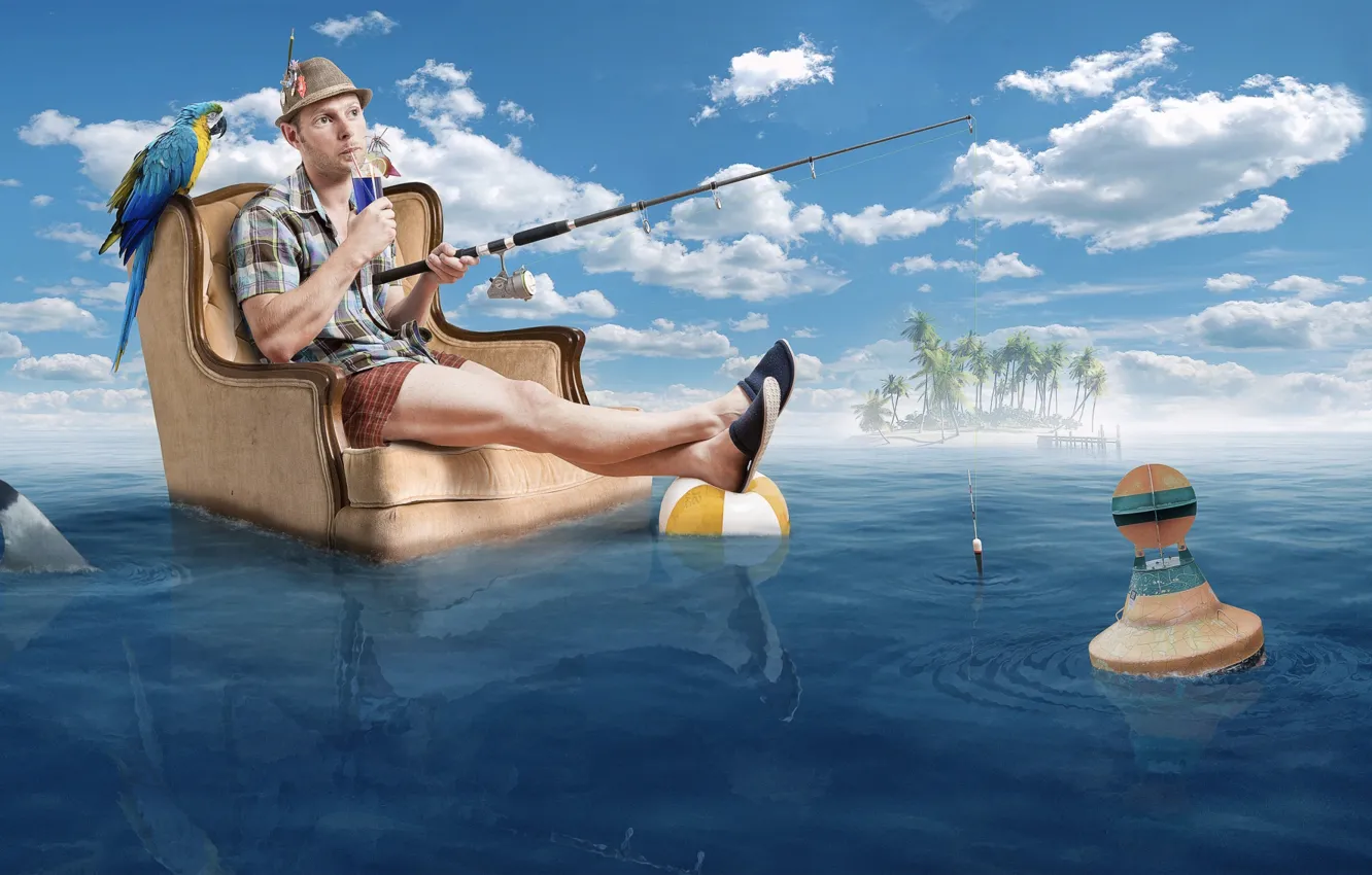 Photo wallpaper humor, chair, fisherman, parrot, cocktail