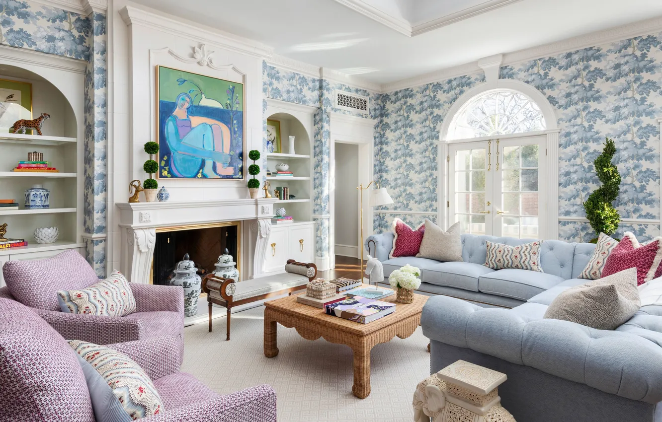 Photo wallpaper design, style, room, Villa, interior, fireplace, living room, upholstered furniture