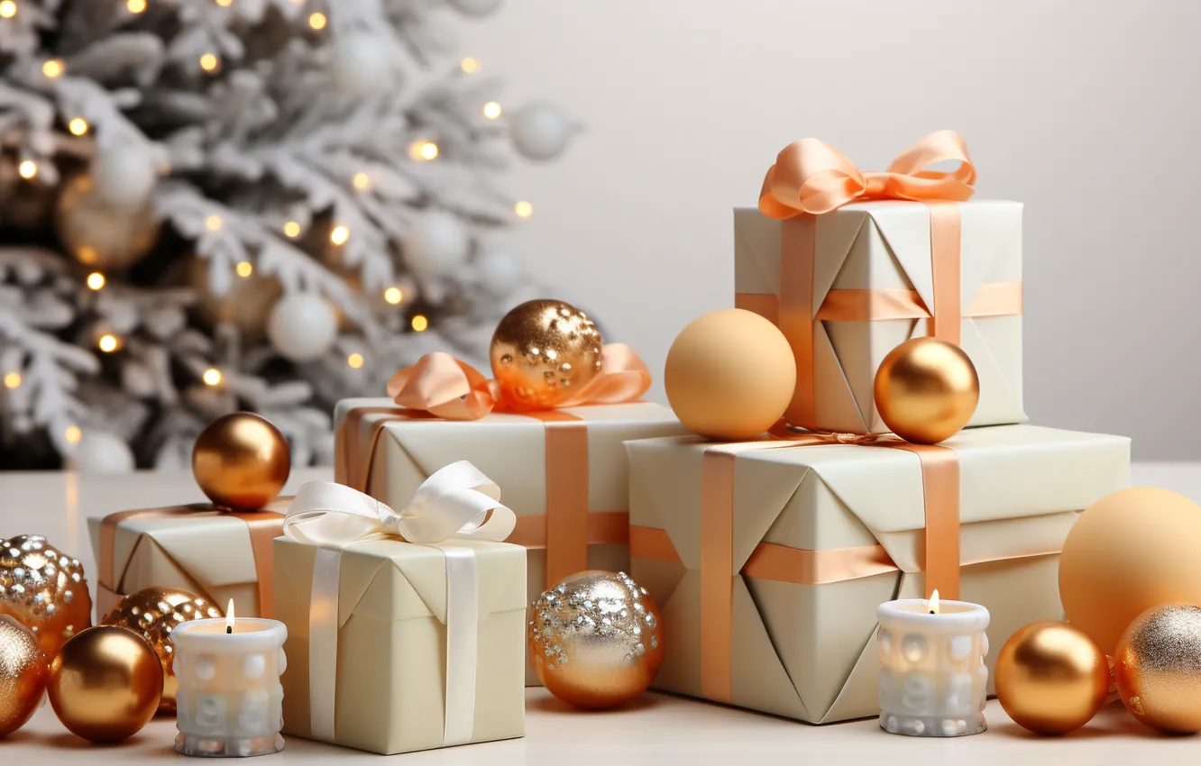 Photo wallpaper decoration, gift, balls, tree, new year, Christmas, Christmas, New Year