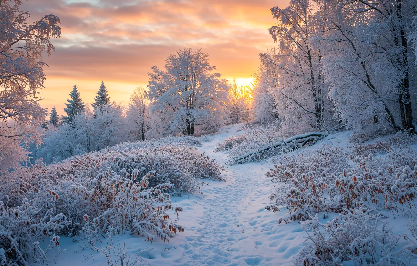 Photo wallpaper winter, snow, sunset, Wallpaper, wallpaper, path, sunset, winter