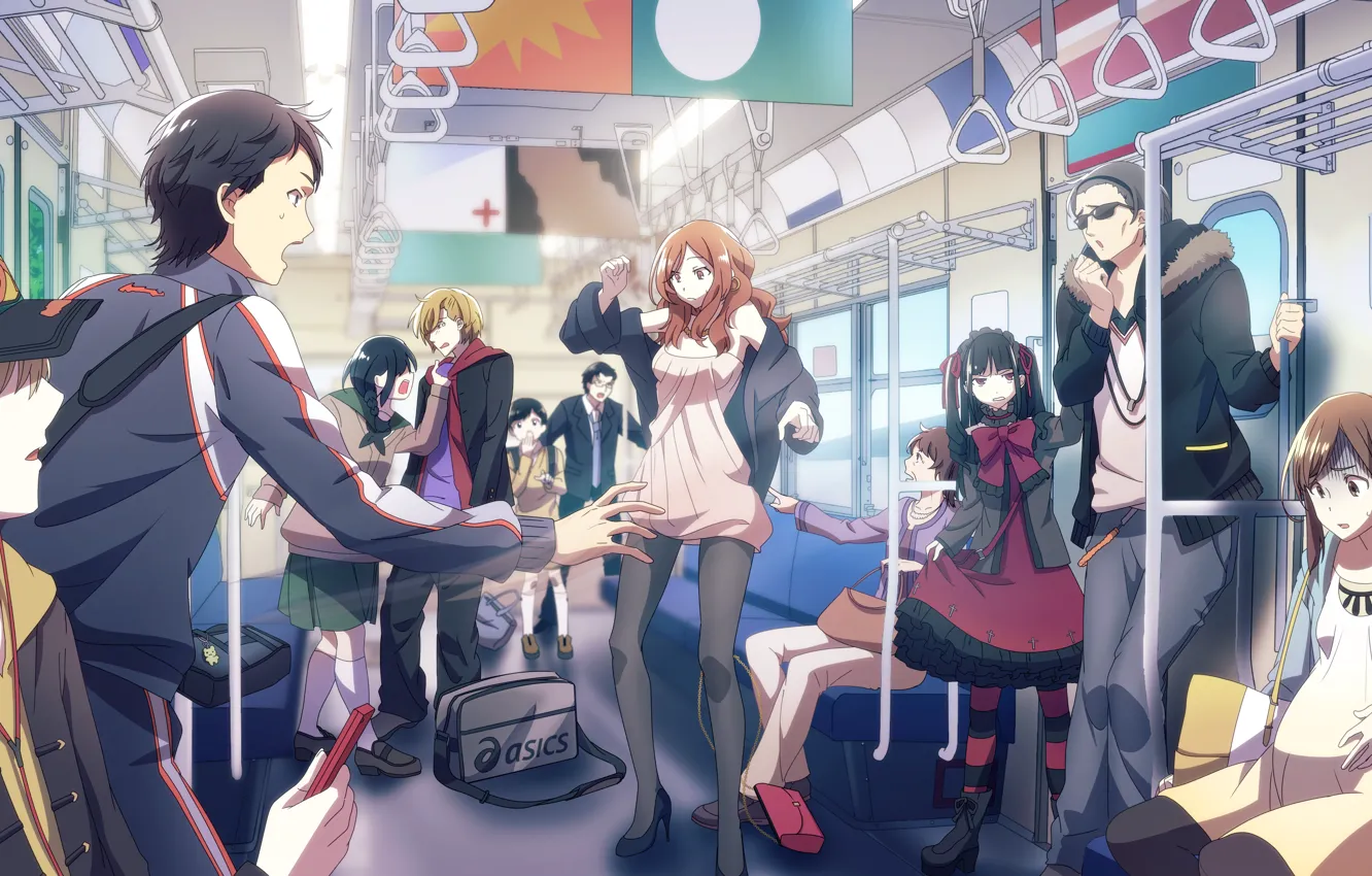 Photo wallpaper metro, girls, anime, headphones, art, glasses, the car, cap