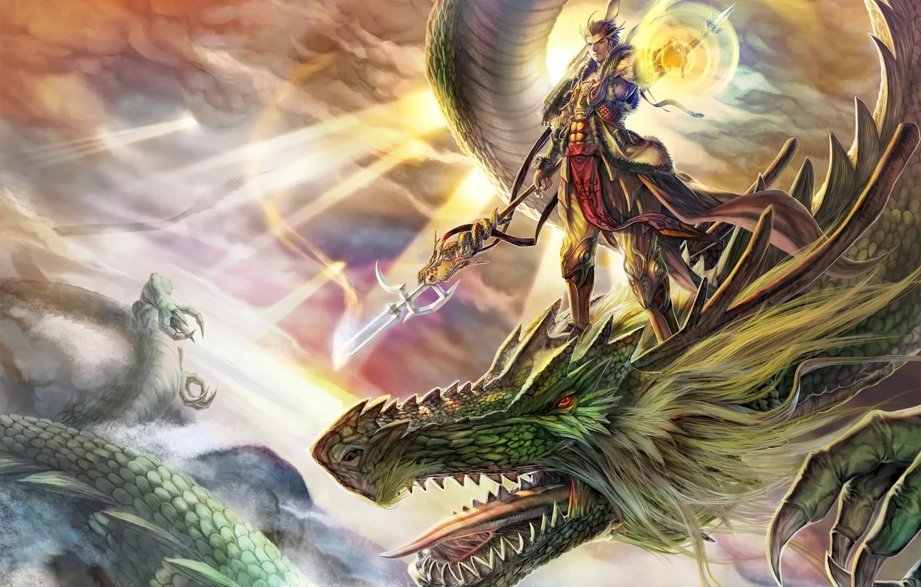 Photo wallpaper magic, dragon, art, guy, in the sky, illustration, B.c.N.y., Xuan Yuan Kingdom
