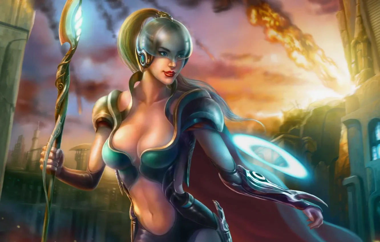 Photo wallpaper girl, the city, lights, art, destruction, staff, spear, Used Palama