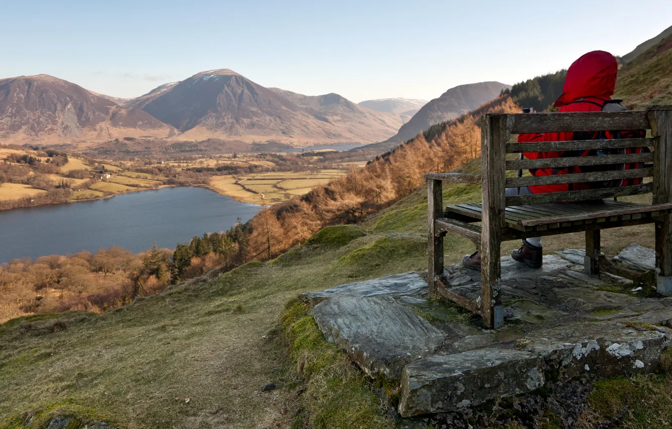 Photo wallpaper landscape, people, bench