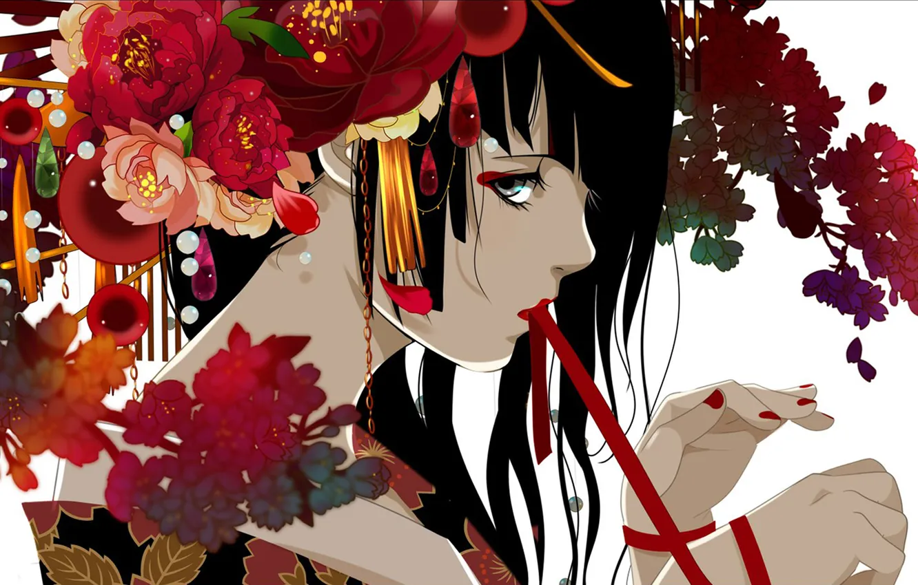 Photo wallpaper girl, flowers, geisha, barrette, red ribbon