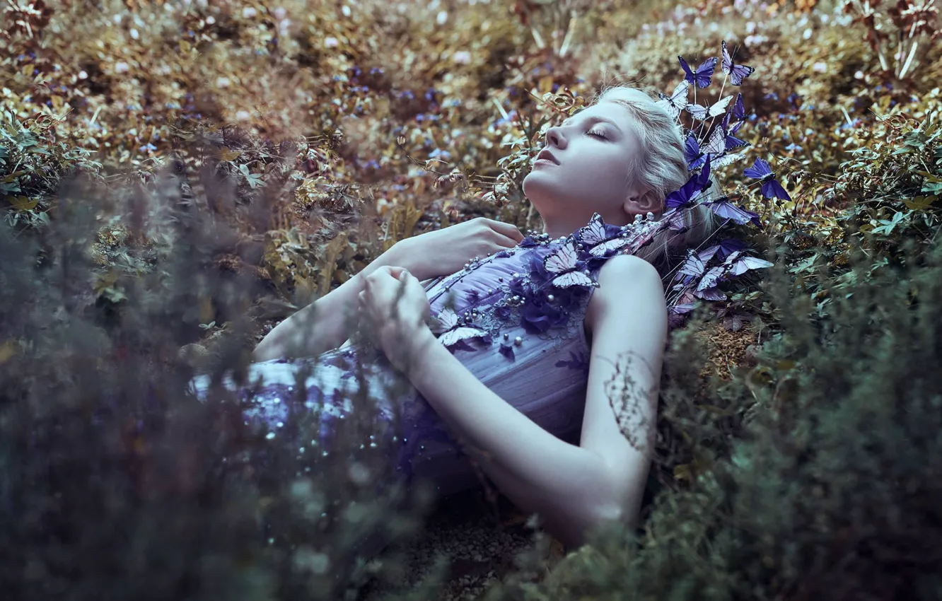 Photo wallpaper grass, girl, butterfly, flowers, mood, sleep, the situation, Maria Amanda