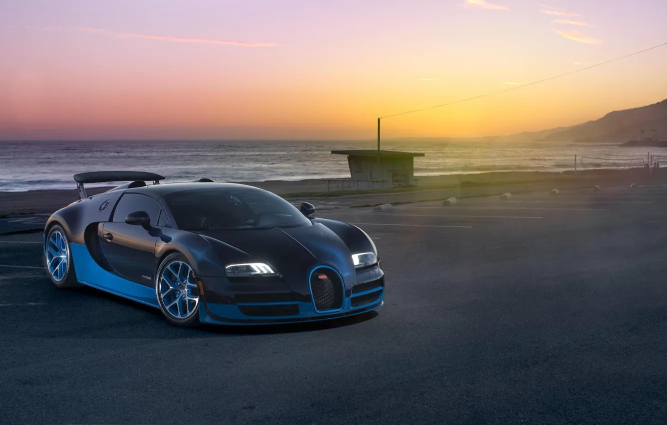 Photo wallpaper Sunset, Sea, Bugatti, Bugatti, Veyron, Veyron, Supercar, Supercar