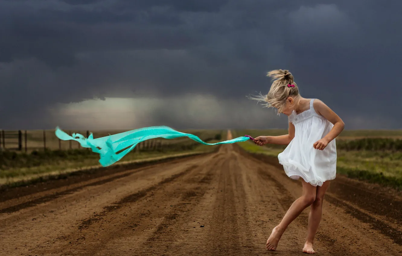 Photo wallpaper road, clouds, storm, the wind, girl
